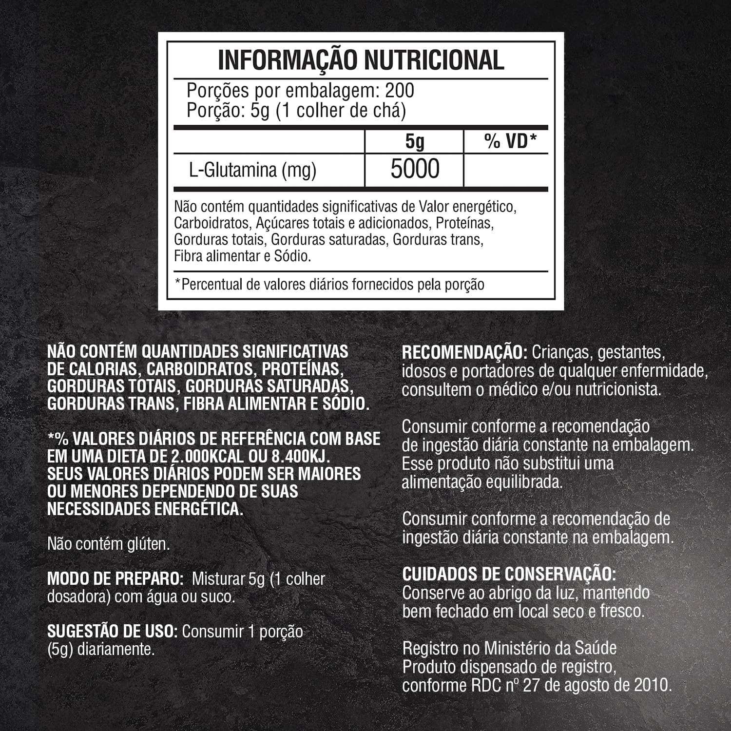 Rótulo de suplemento com tabela nutricional de L-glutamina em pó, 5000 mg por dose, 200 porções.