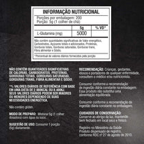 Rótulo de suplemento com tabela nutricional de L-glutamina em pó, 5000 mg por dose, 200 porções.