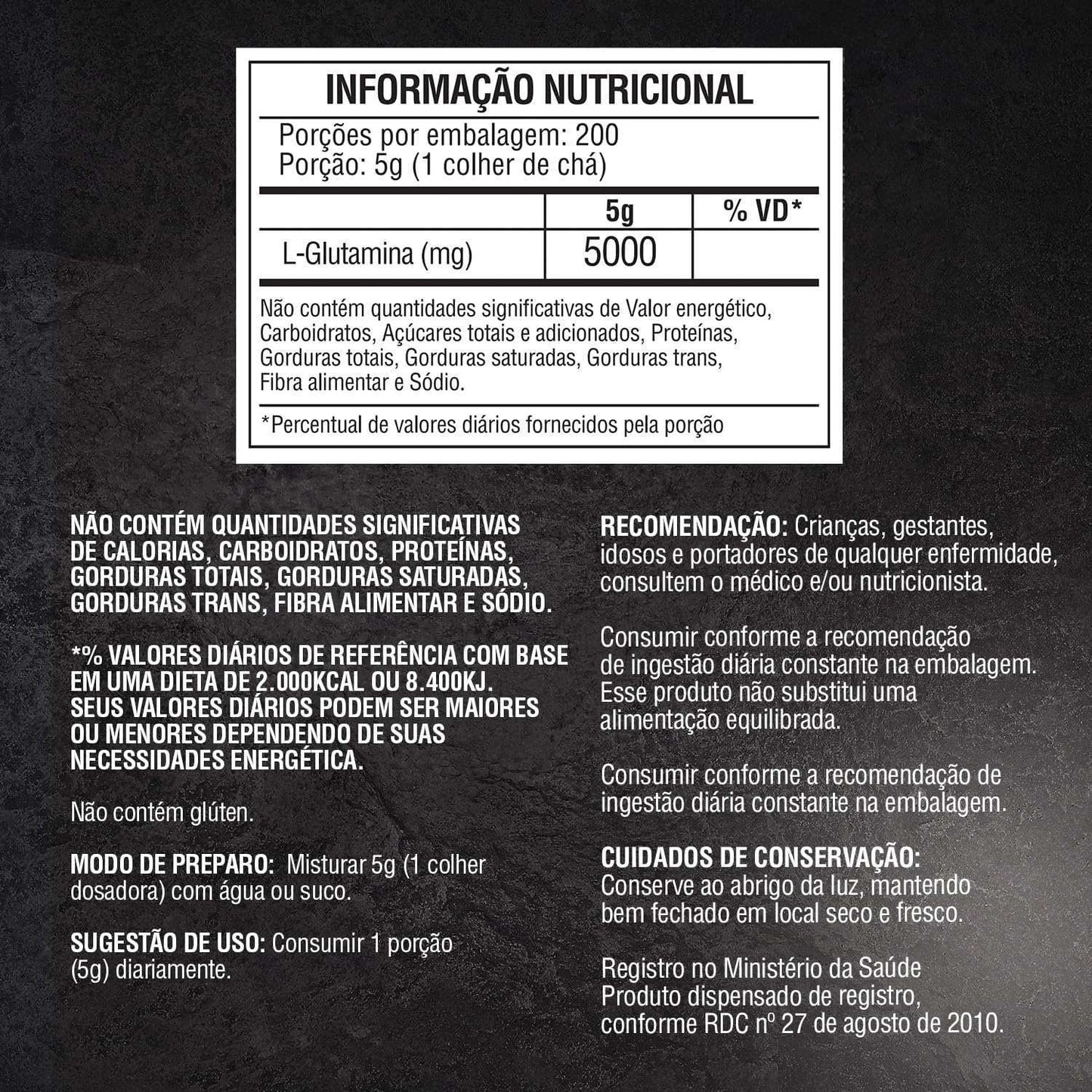 Tabela nutricional de suplemento L-Glutamina 5000mg em pó, instruções de uso e preparo.