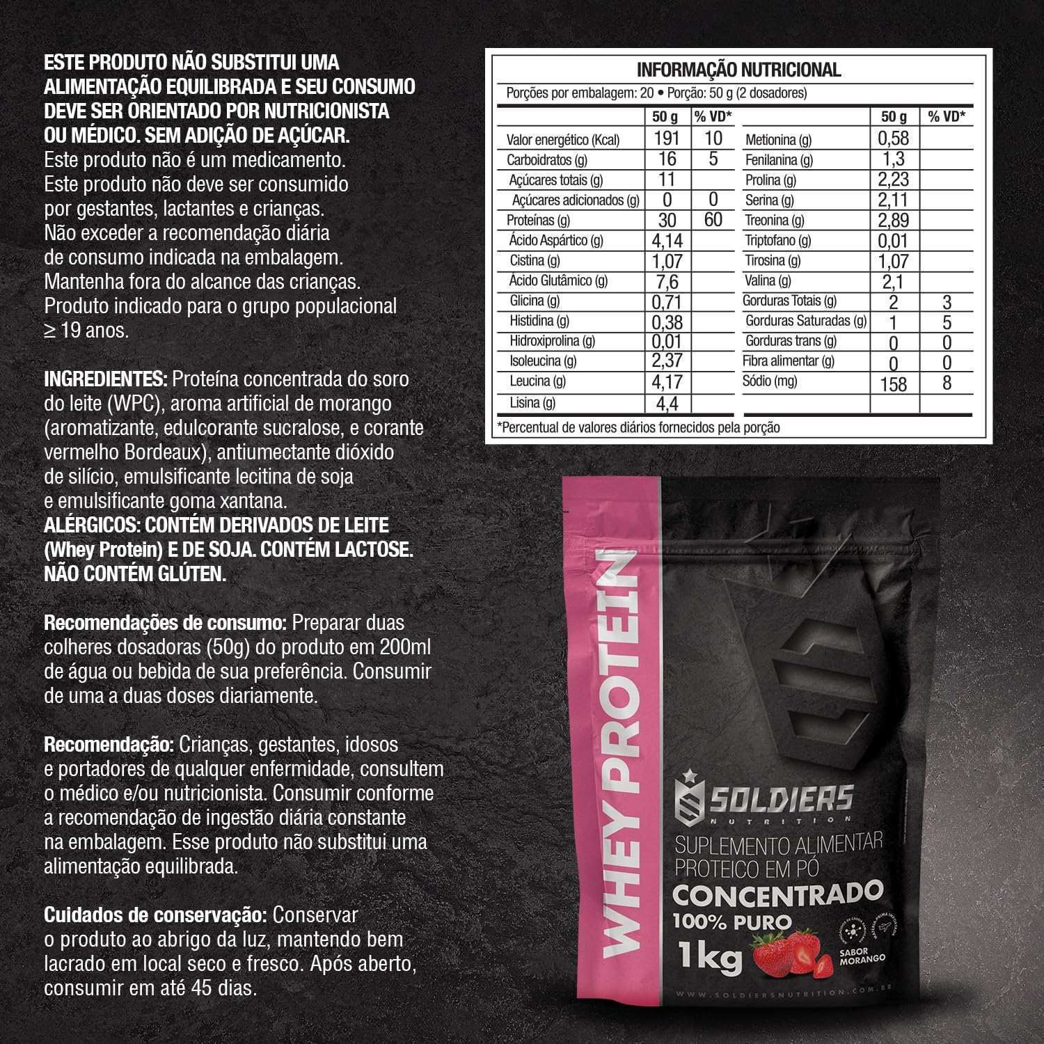 Embalagem de whey protein concentrado sabor morango, informações nutricionais e ingredientes em destaque.