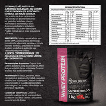 Embalagem de whey protein concentrado sabor morango, informações nutricionais e ingredientes em destaque.