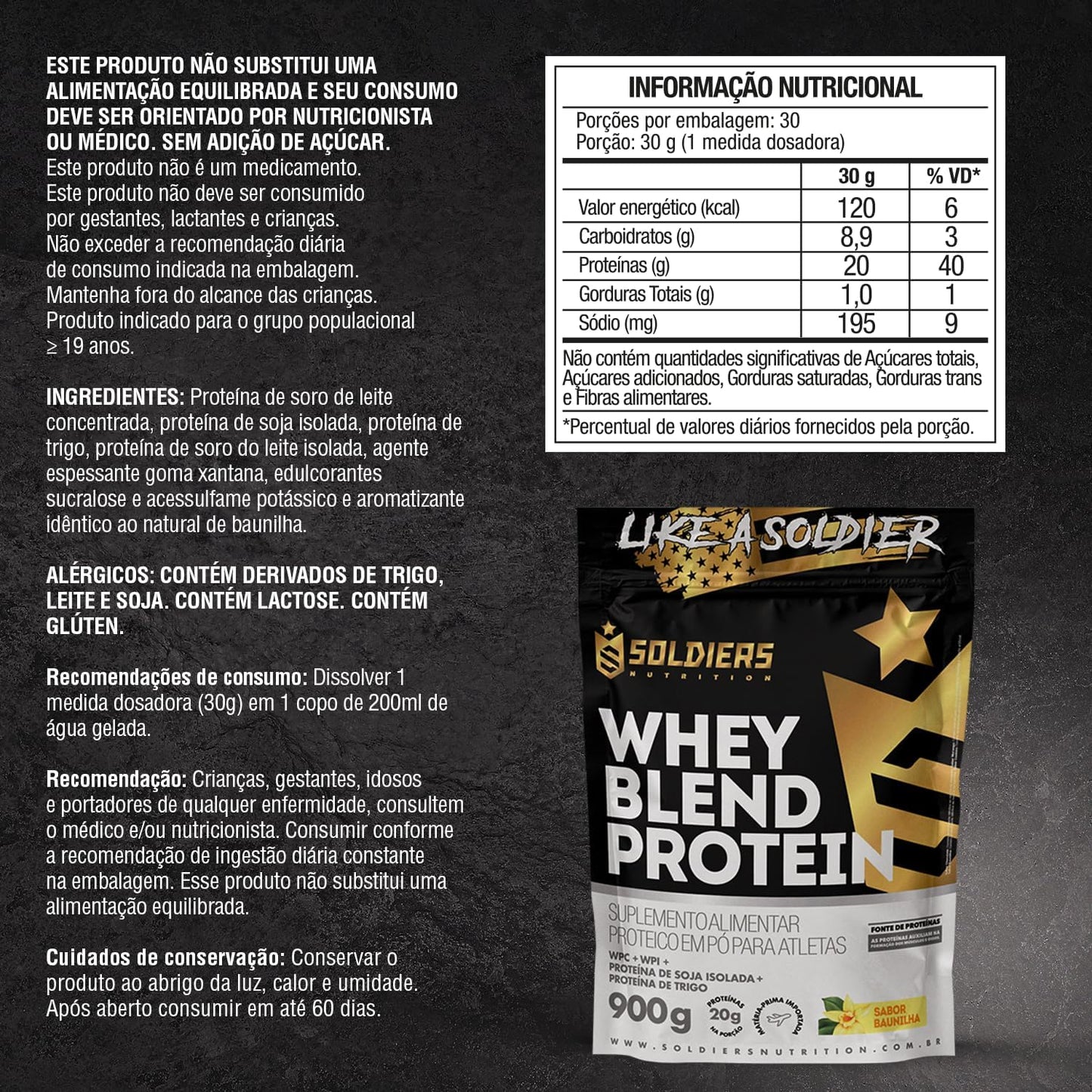 Whey Blend Protein Concentrado e Isolado - 900g - Soldiers Nutrition