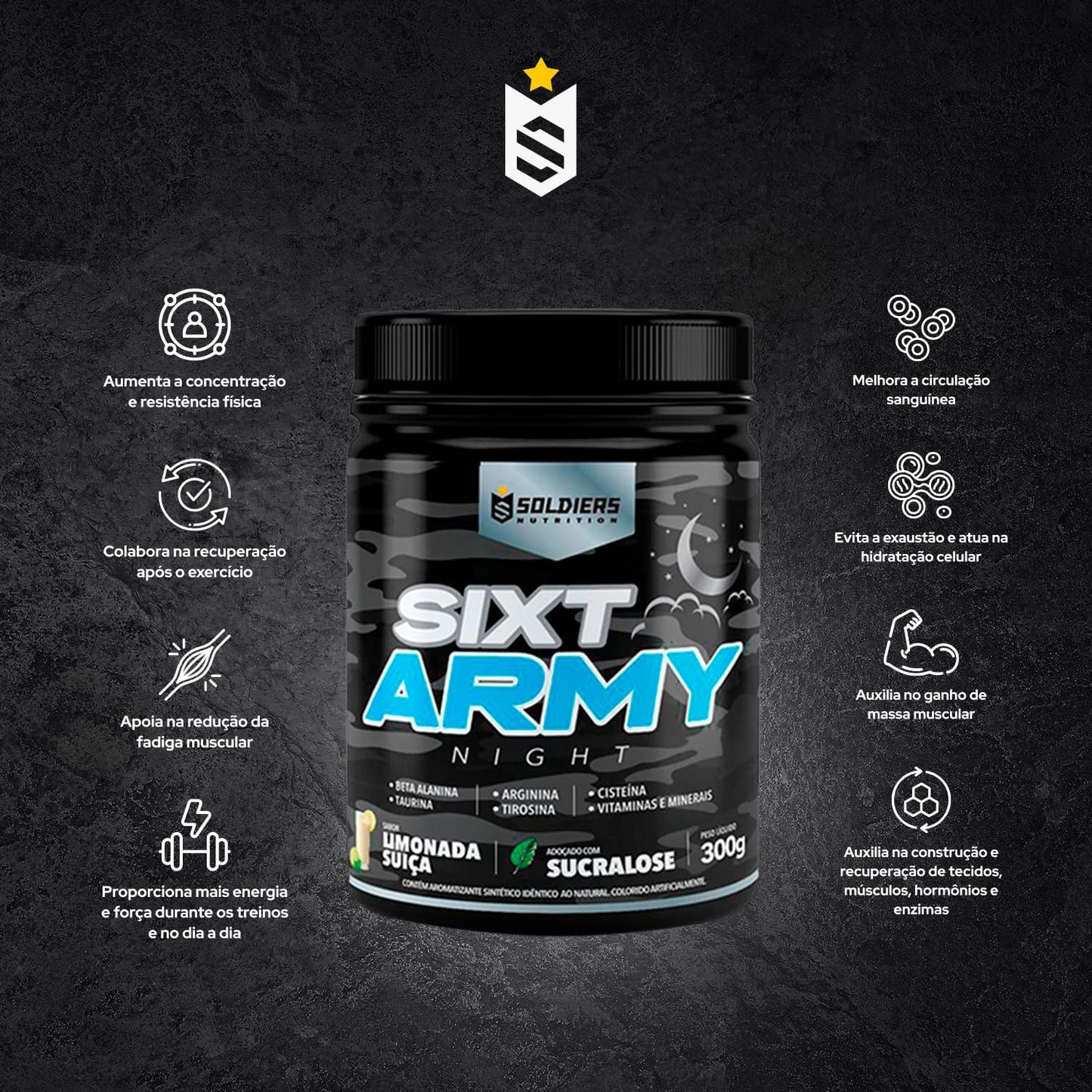 Pré-Treino Sixt Army Nigh Sem Cafeína 300g - Limonada Suiça