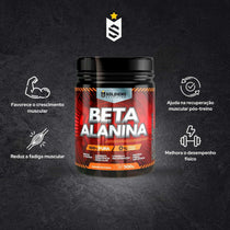 Pote de suplemento Beta Alanina 500g com benefícios para crescimento e recuperação muscular destacados ao redor.