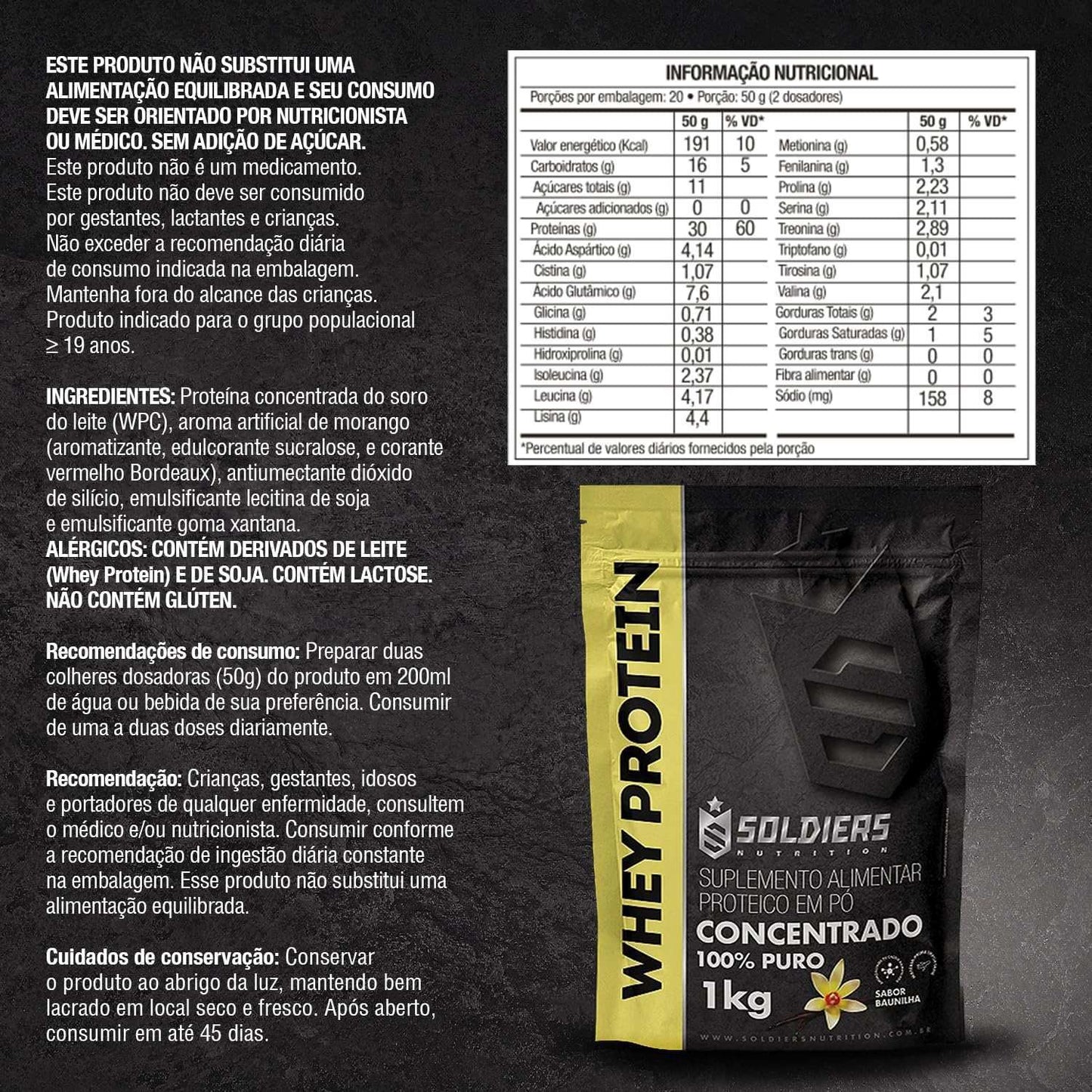 Embalagem de Whey Protein concentrado 1kg sabor baunilha, tabela nutricional e instruções de uso em destaque.