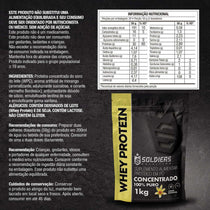 Embalagem de Whey Protein concentrado 1kg sabor baunilha, tabela nutricional e instruções de uso em destaque.