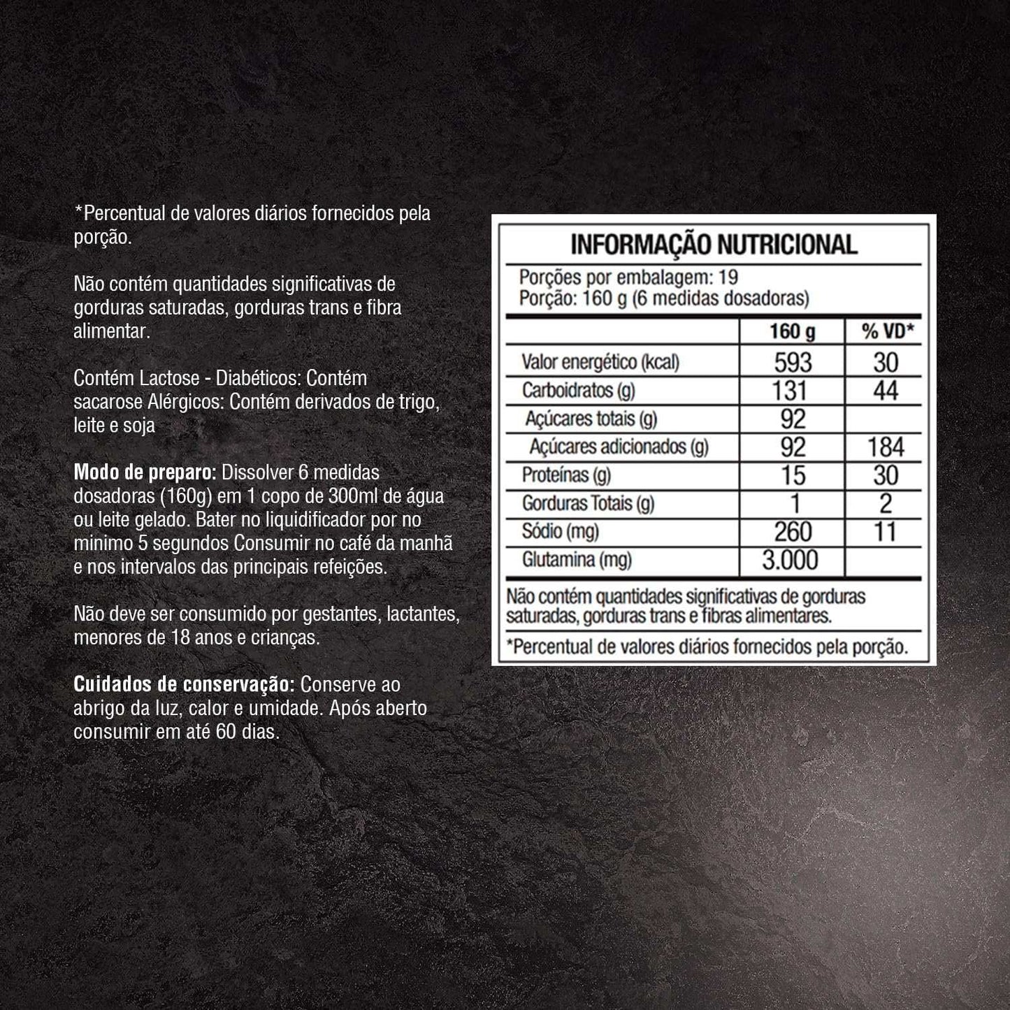 Tabela de informação nutricional de suplemento em pó, modo de preparo e ingredientes visíveis.