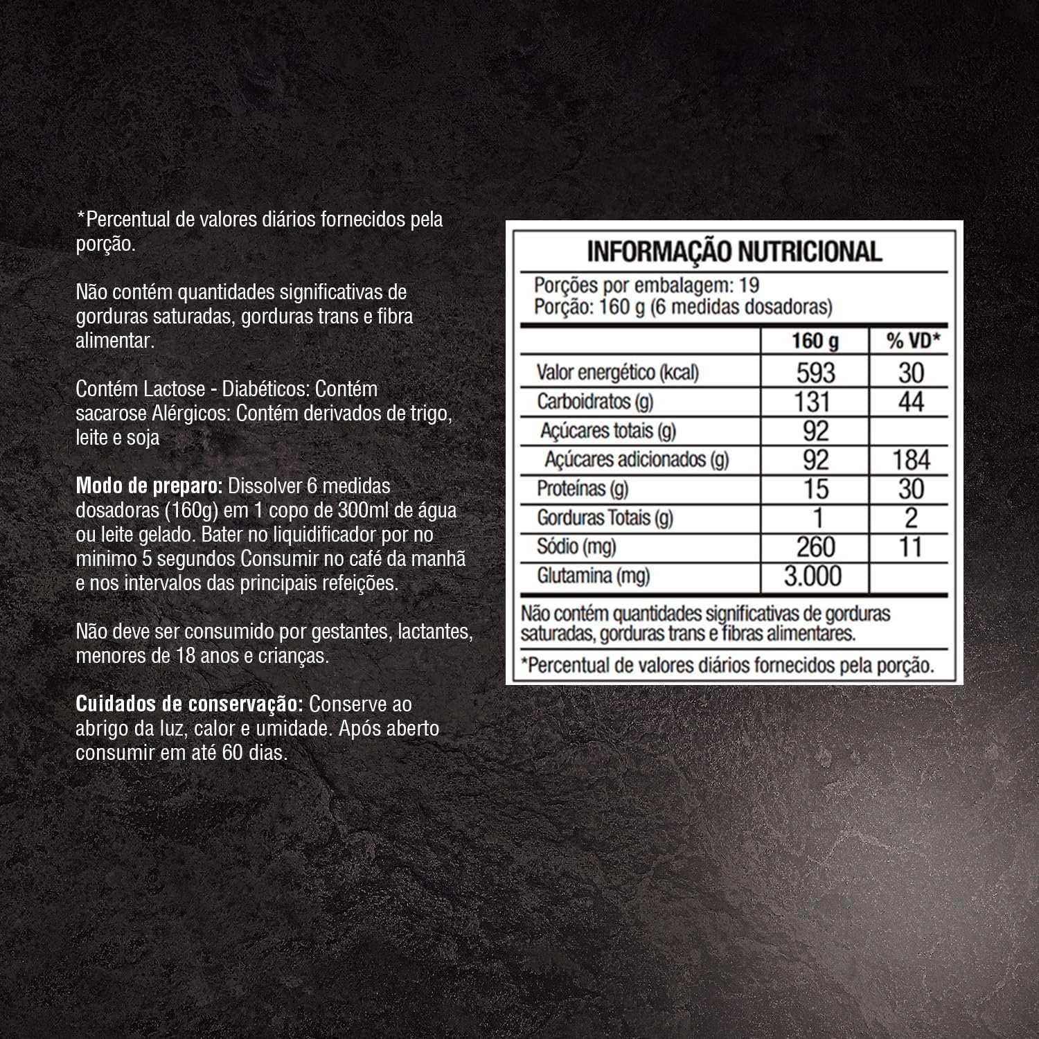 Tabela nutricional de suplemento em pó com valores de proteínas, carboidratos e modo de preparo.
