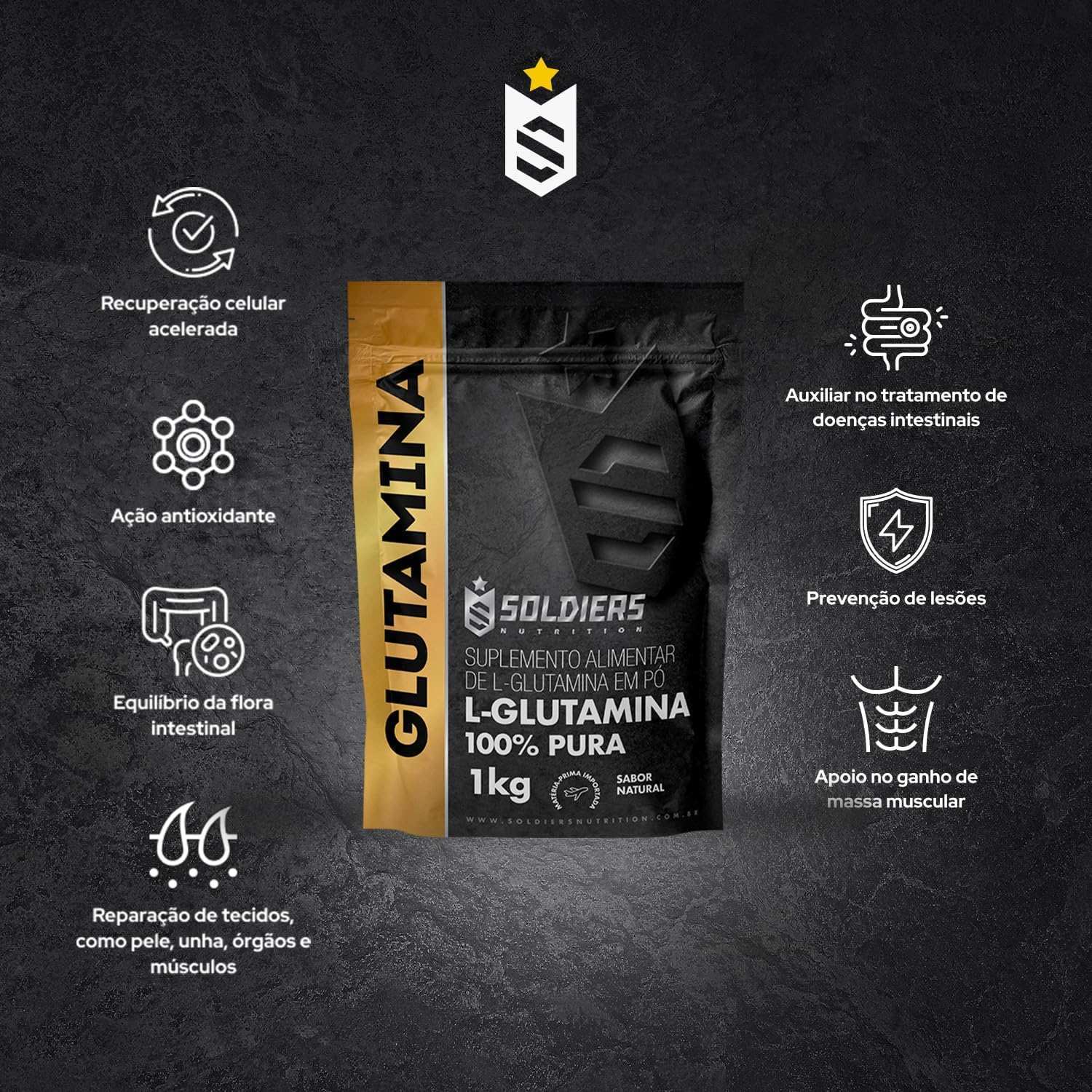 Embalagem de suplemento alimentar L-Glutamina 100% pura 1kg, benefícios destacados ao redor.