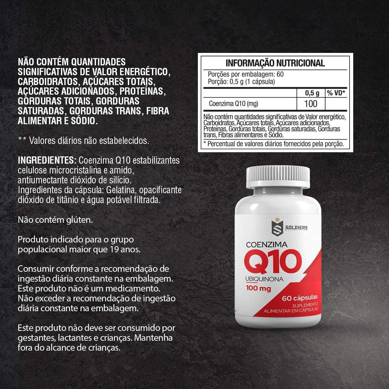 Frasco de suplemento alimentar Coenzima Q10 100mg com 60 cápsulas, em fundo preto, rótulo em destaque e tabela nutricional ao lado.