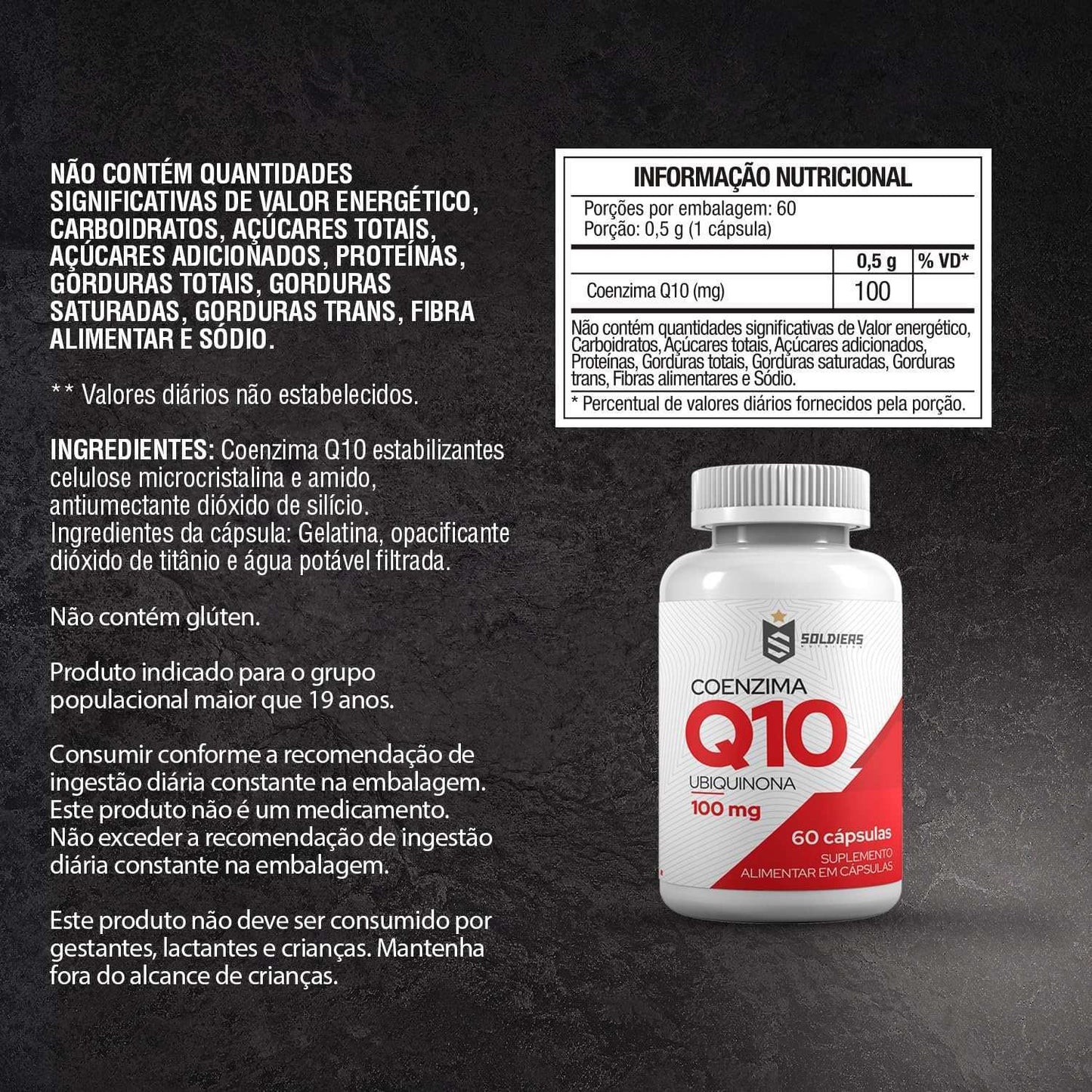 Suplemento alimentar Coenzima Q10 100mg, frasco com 60 cápsulas, rótulo vermelho e branco, detalhes de ingredientes e tabela nutricional.