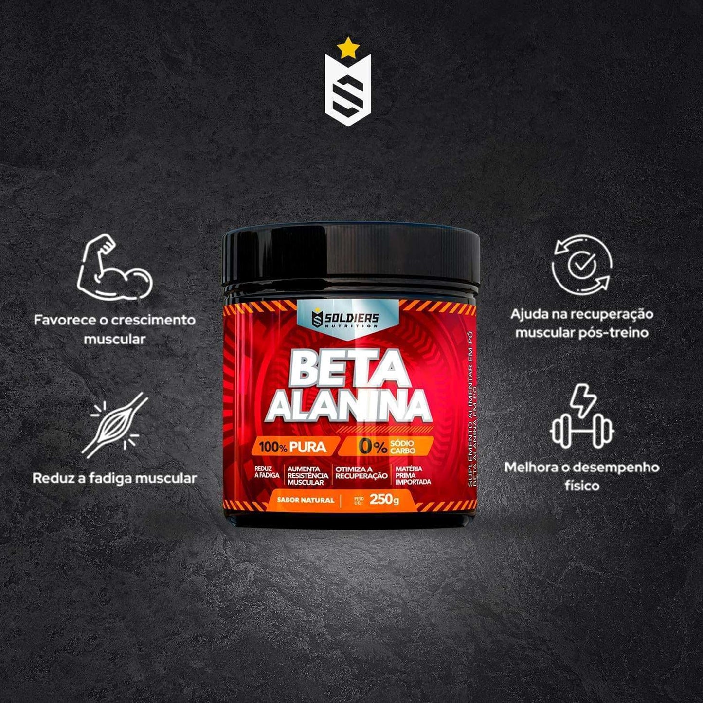Pote de suplemento beta alanina 250g para crescimento muscular, resistência e recuperação pós-treino.