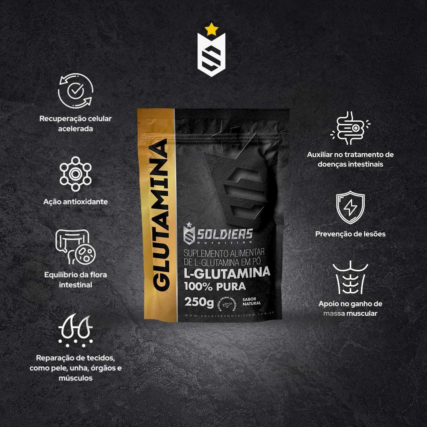 Embalagem de suplemento L-glutamina em pó 250g, benefícios descritos para recuperação muscular, antioxidante e saúde intestinal.