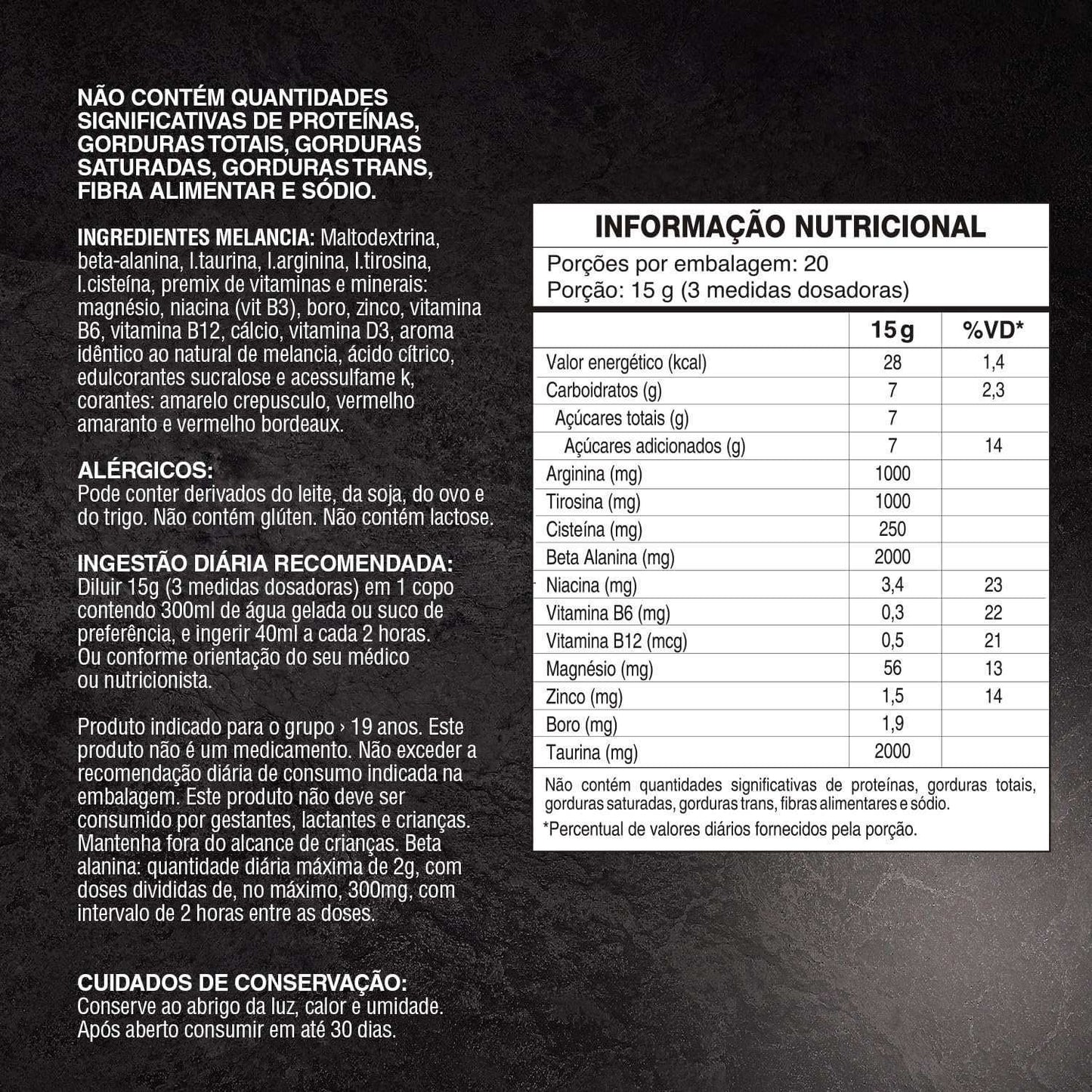 Tabela nutricional de suplemento alimentar em pó com ingredientes e informações de consumo em português.