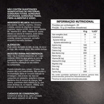 Tabela nutricional de suplemento alimentar em pó com ingredientes e informações de consumo em português.