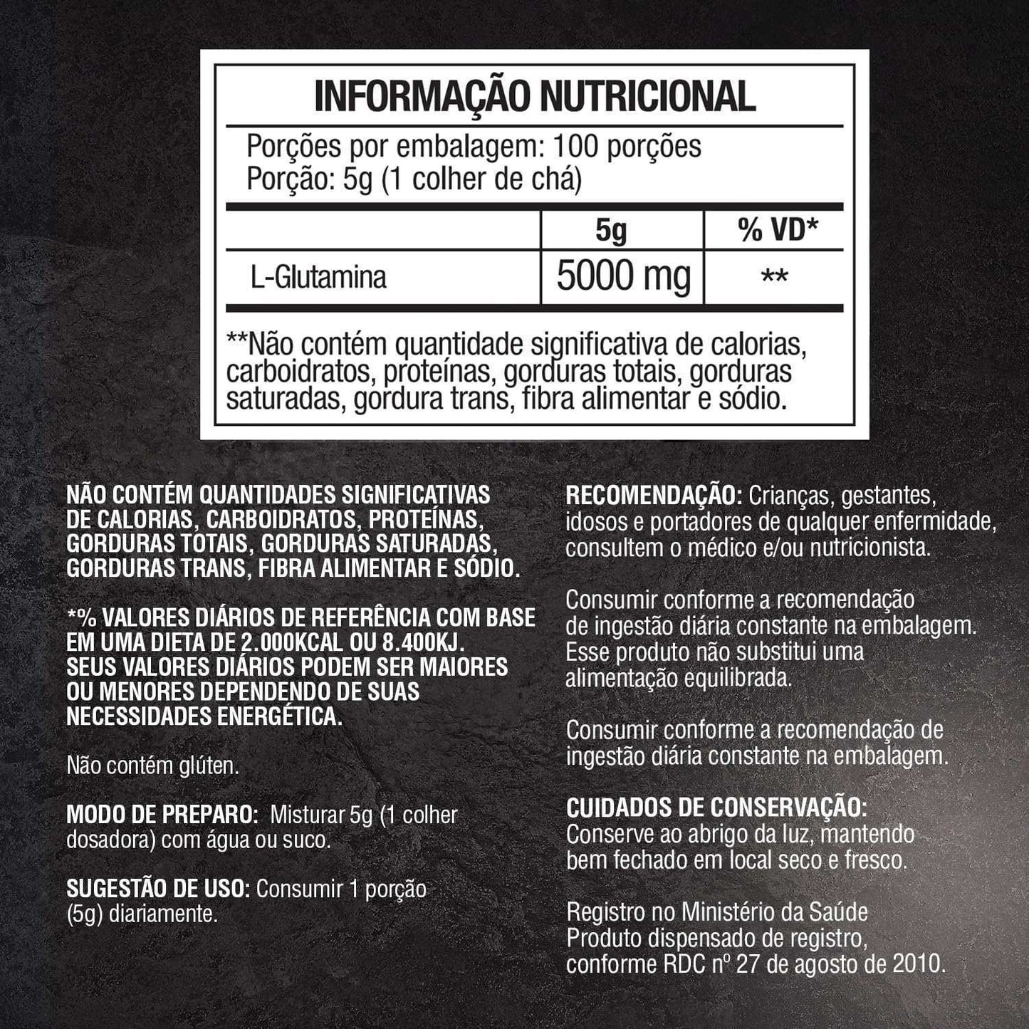 Rótulo de suplemento de L-Glutamina em pó 5000mg, tabela nutricional em destaque, instruções de uso.