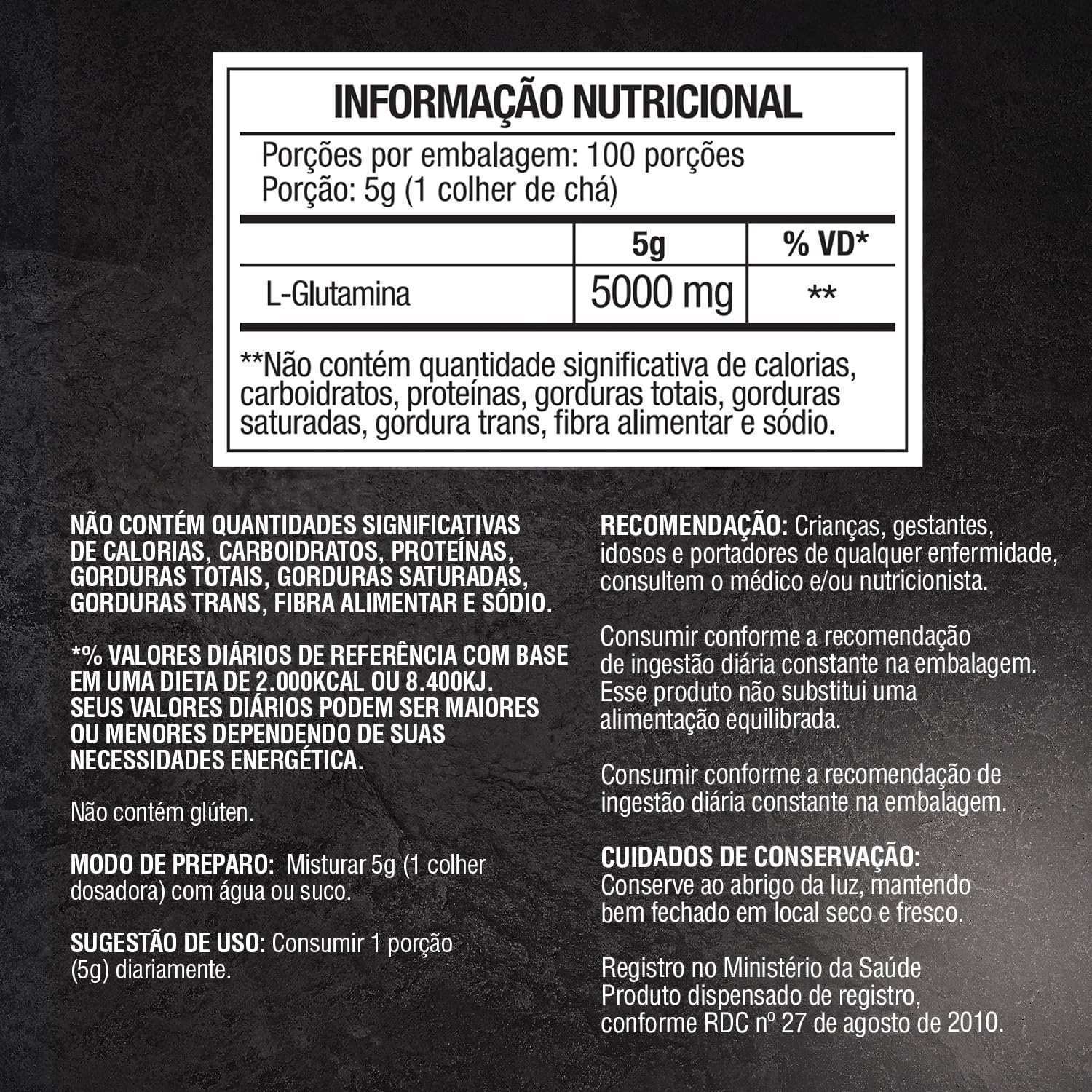 Rótulo de suplemento de L-Glutamina em pó 5000mg, tabela nutricional em destaque, instruções de uso.