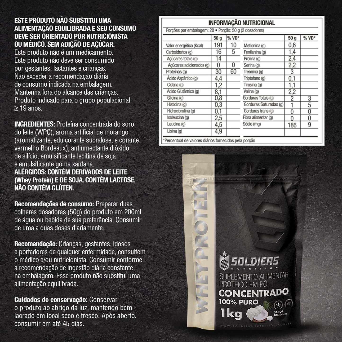 Embalagem de suplemento whey protein concentrado sabor morango, 1kg, com tabela nutricional e informações de ingredientes.