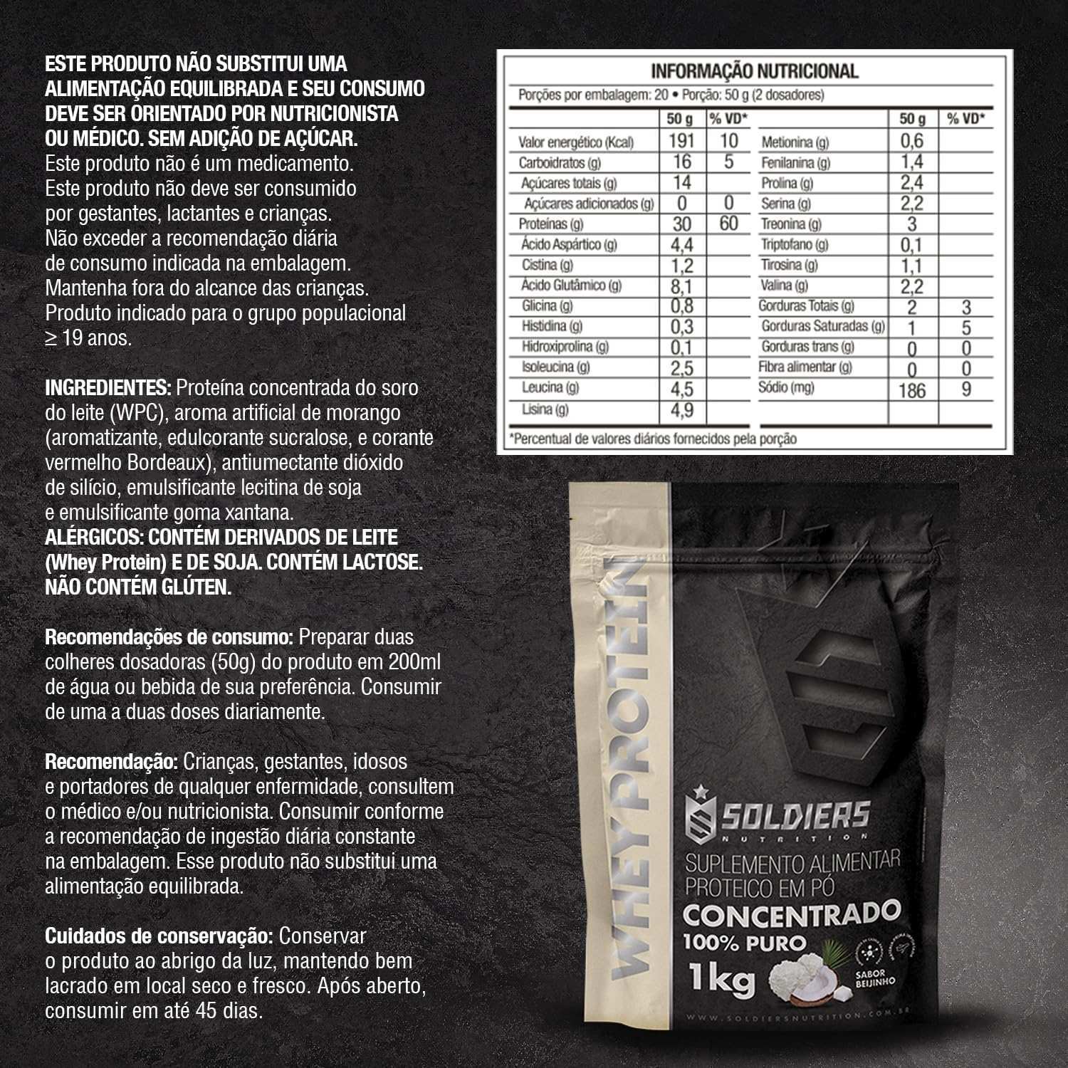 Embalagem de suplemento whey protein concentrado sabor morango, 1kg, com tabela nutricional e informações de ingredientes.
