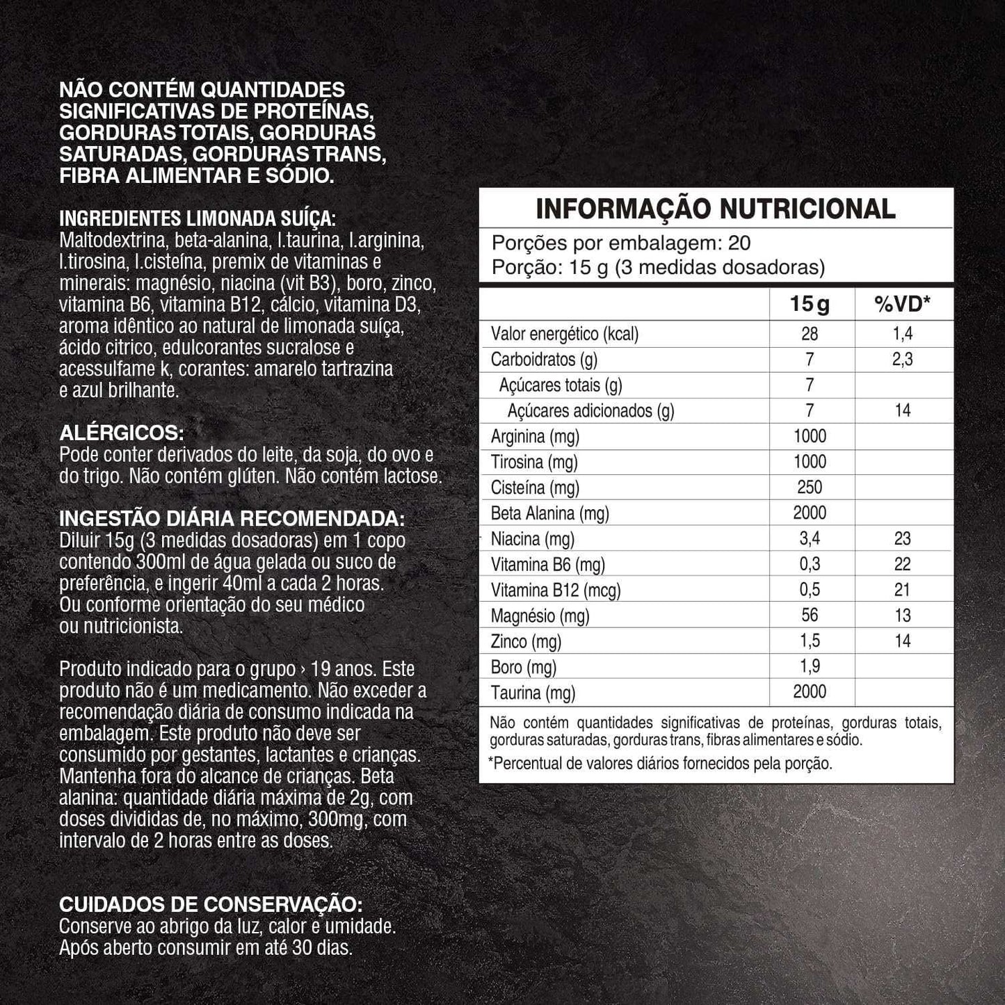 Tabela nutricional e ingredientes de suplemento alimentar em pó sabor limonada suíça, texto em português.