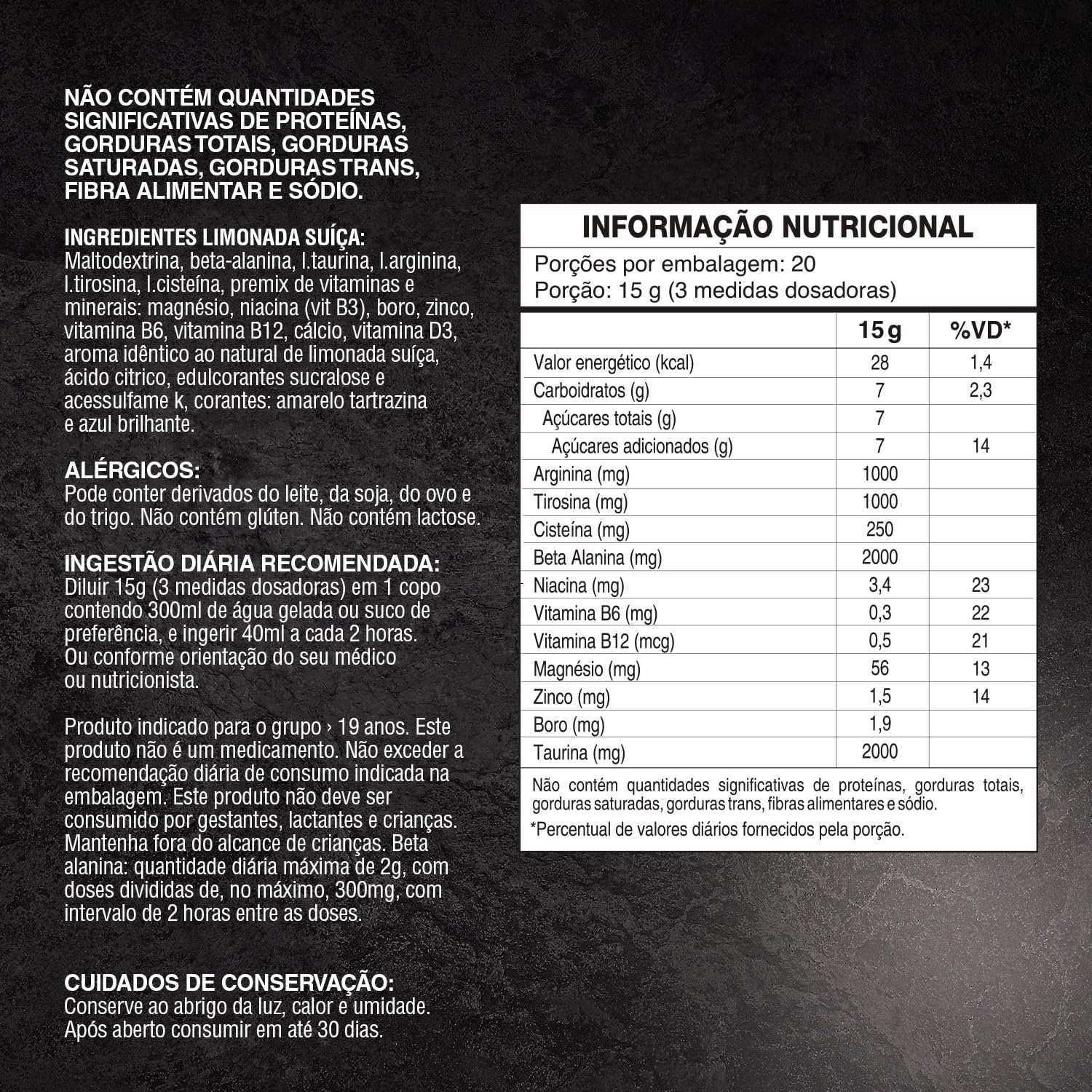 Tabela nutricional e ingredientes de suplemento alimentar em pó sabor limonada suíça, texto em português.