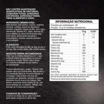 Tabela nutricional e ingredientes de suplemento alimentar em pó sabor limonada suíça, texto em português.