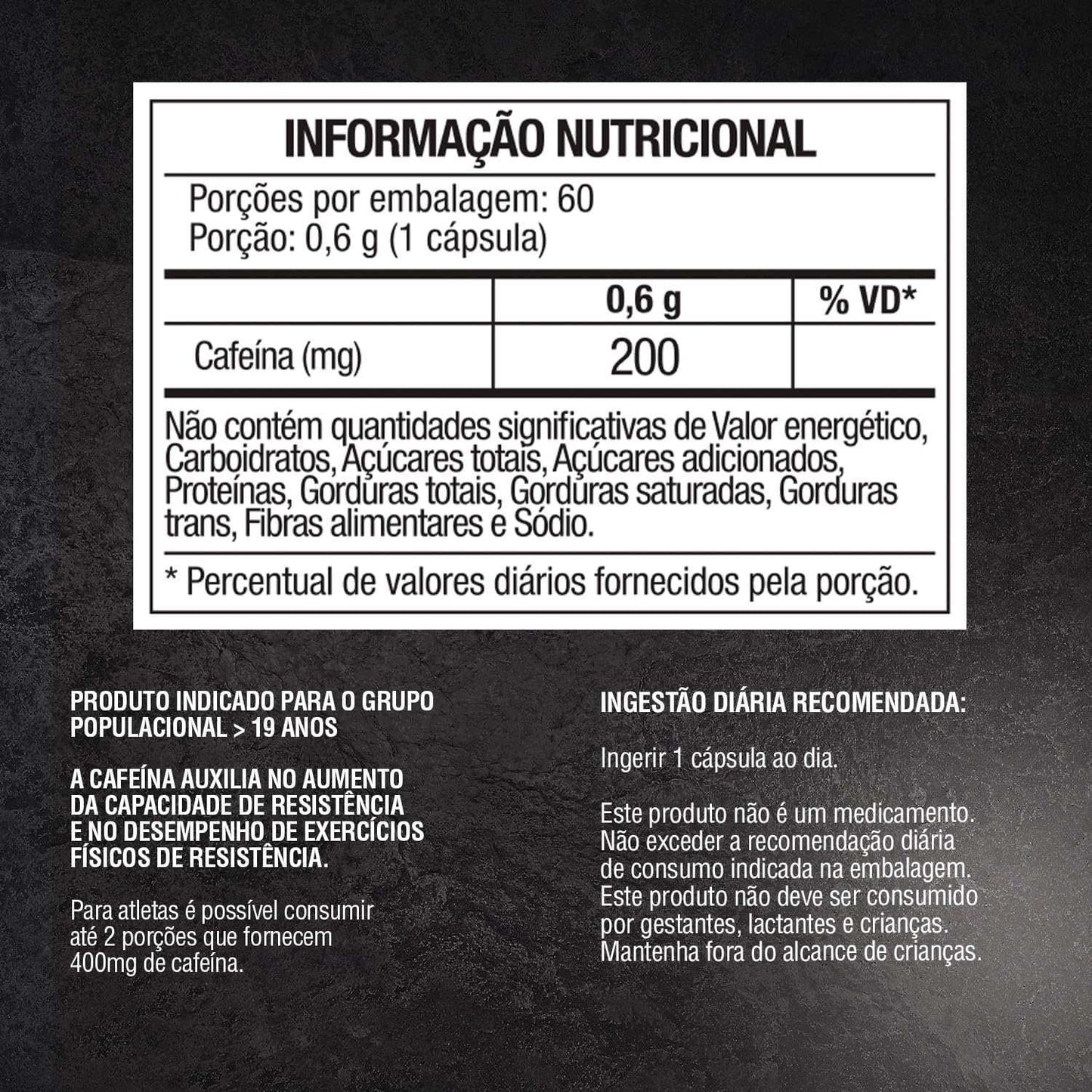 Tabela nutricional cápsulas de cafeína 200mg, informações de uso e recomendações para atletas.