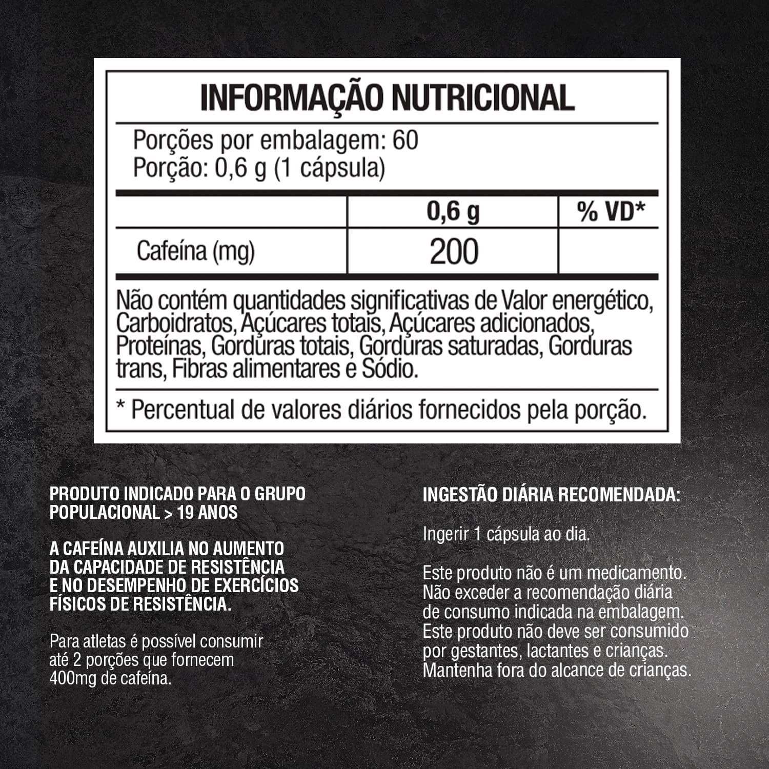 Tabela nutricional cápsulas de cafeína 200mg, informações de uso e recomendações para atletas.