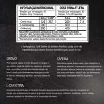Tabela nutricional de suplemento alimentar destacando cromo, cafeína e L-carnitina, com benefícios descritos para atletas.