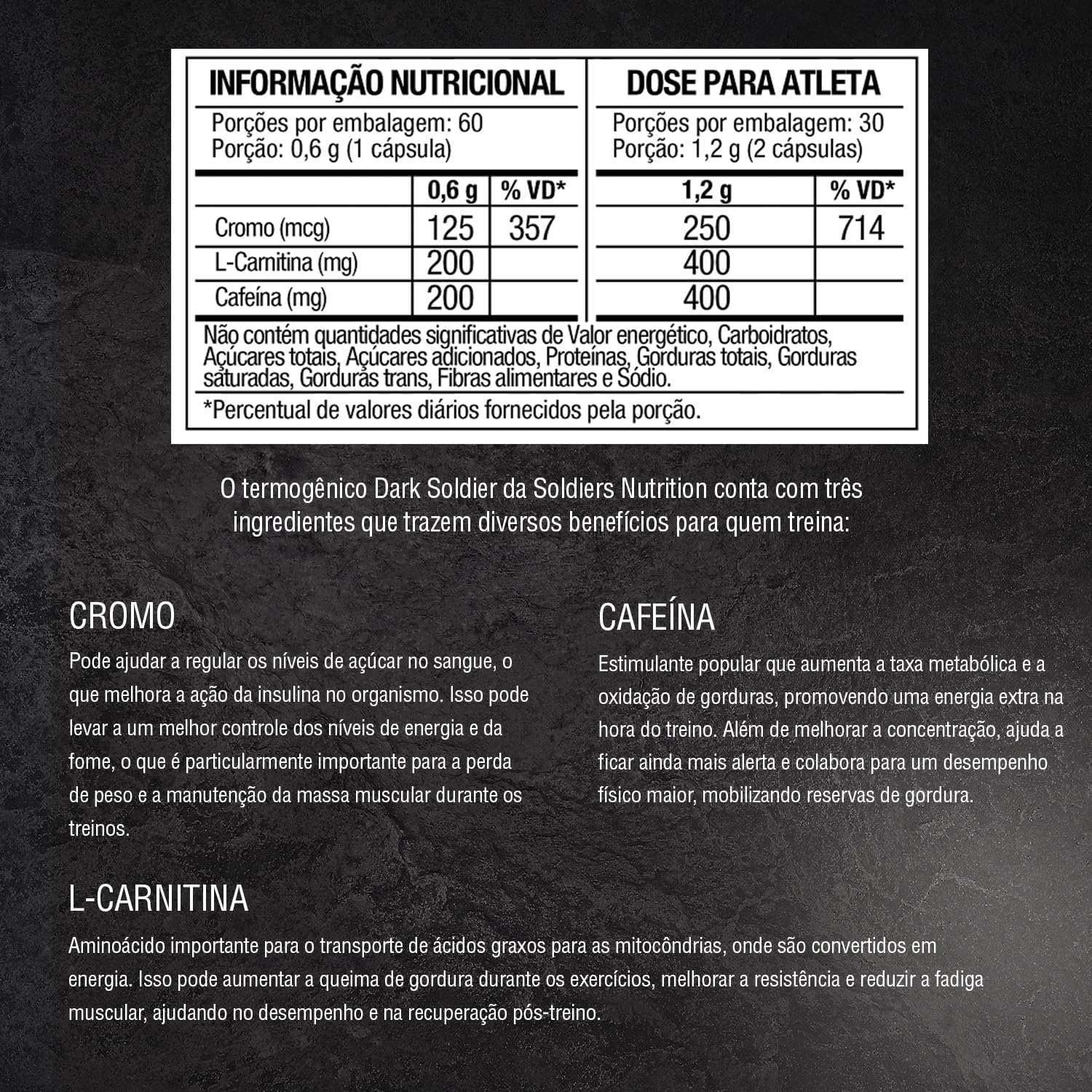 Tabela nutricional do suplemento com cromo, L-carnitina e cafeína, descrição de benefícios.