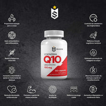 Frasco de suplemento Coenzima Q10 100mg 60 cápsulas, benefícios para energia, saúde muscular e cardiovascular.