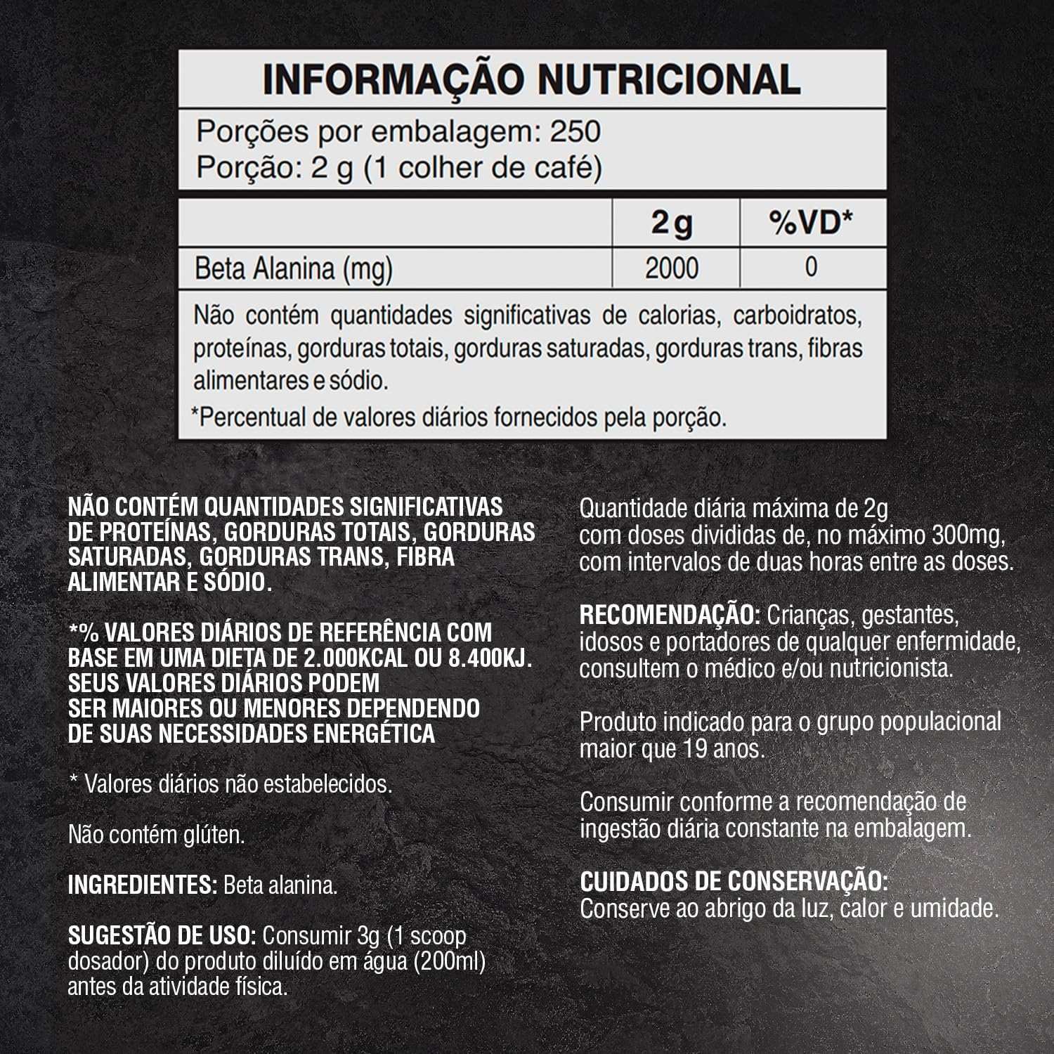 Tabela de informação nutricional de suplemento de beta alanina em pó, instruções de uso e ingredientes em português.
