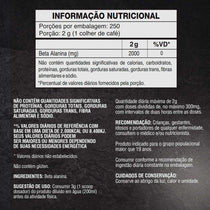 Tabela de informação nutricional de suplemento de beta alanina em pó, instruções de uso e ingredientes em português.