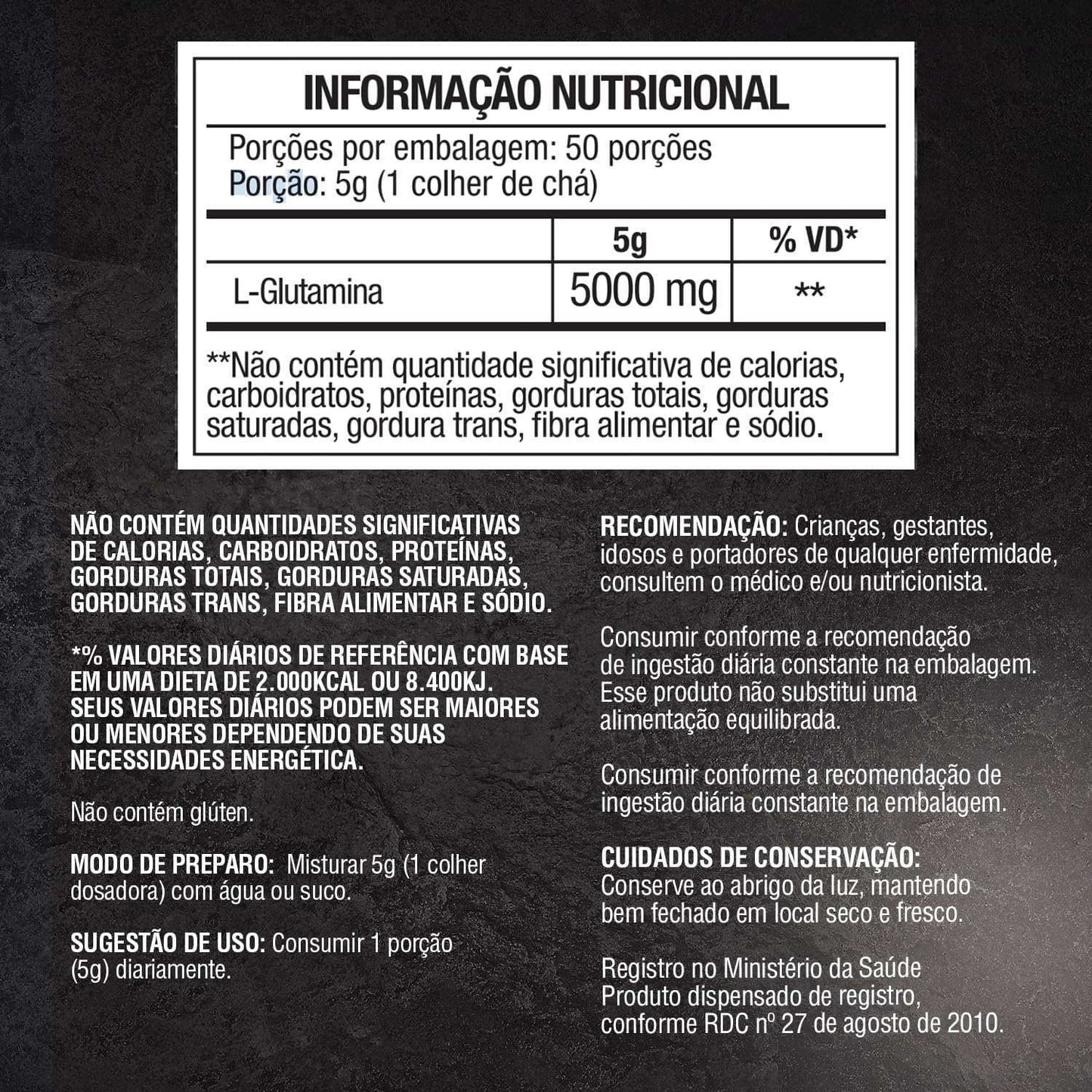 Tabela nutricional de suplemento L-glutamina, 5000 mg por porção, instruções e recomendações em português.
