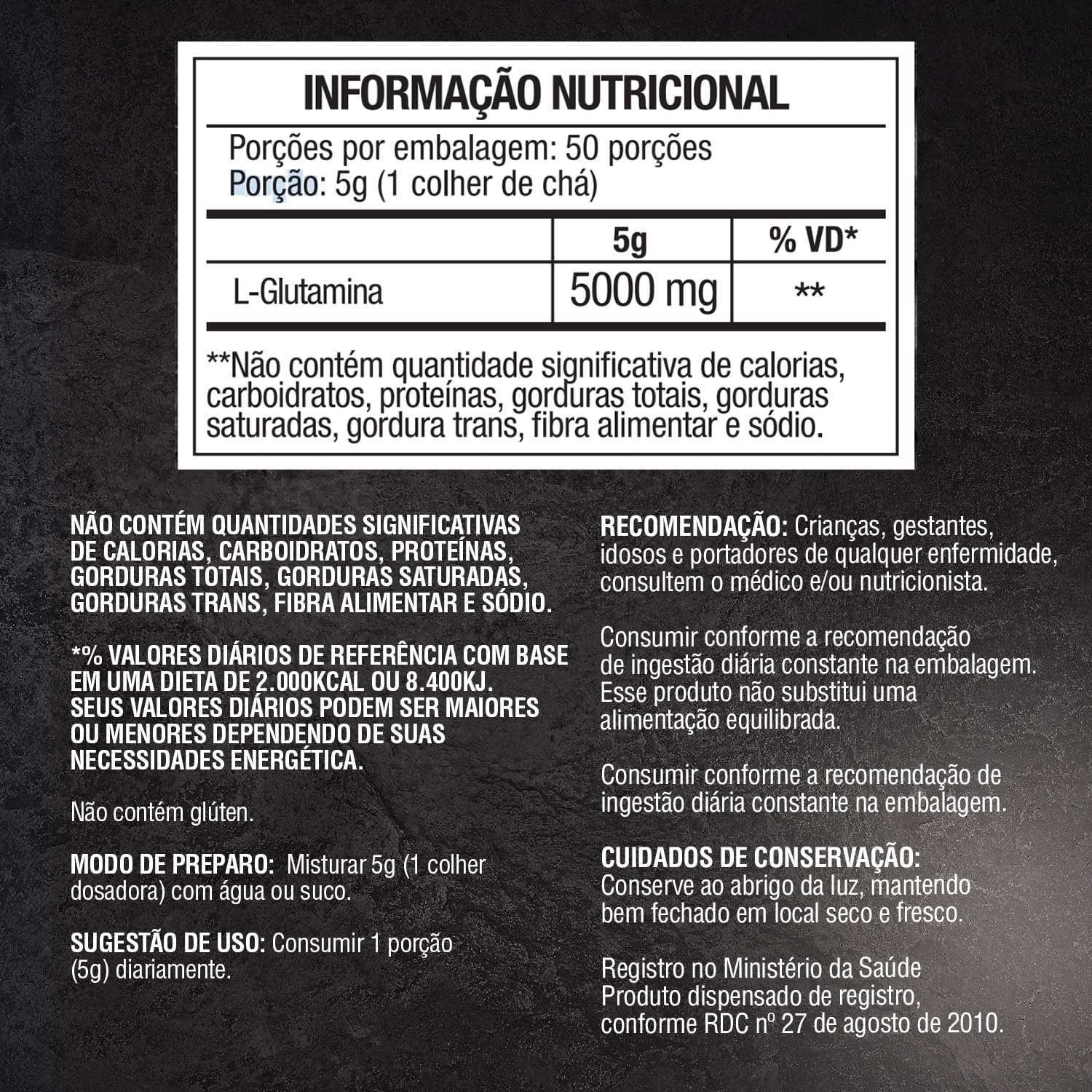 Tabela nutricional de suplemento L-glutamina, 5000 mg por porção, instruções e recomendações em português.