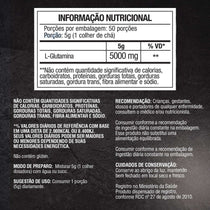 Tabela nutricional de suplemento L-glutamina, 5000 mg por porção, instruções e recomendações em português.