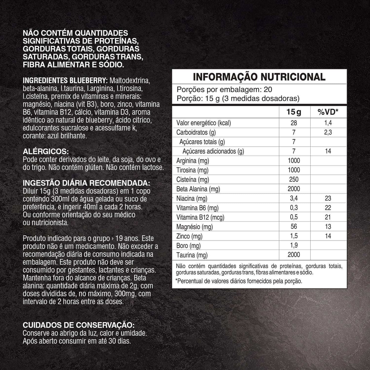 Tabela nutricional e ingredientes de suplemento alimentar sabor blueberry com informações para alérgicos.