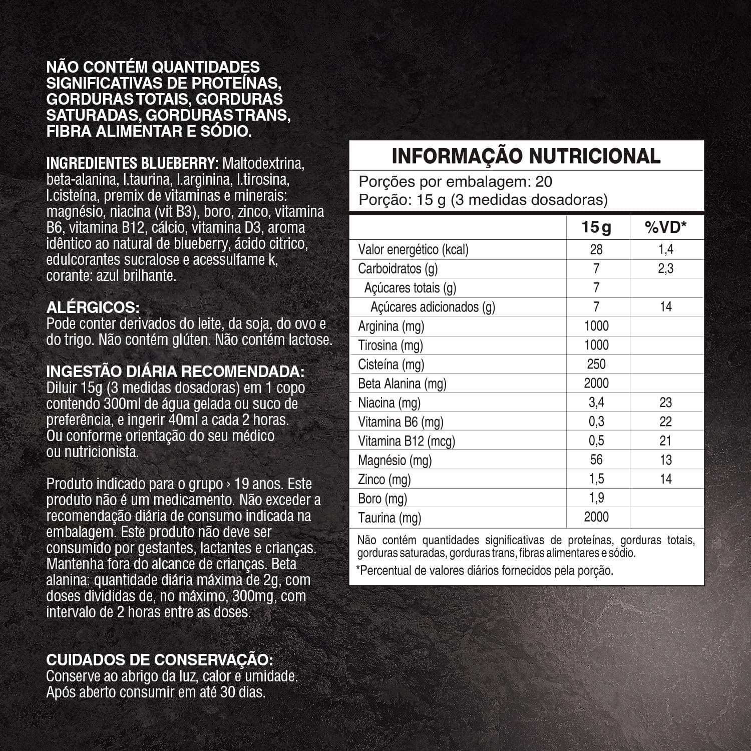 Tabela nutricional e ingredientes de suplemento alimentar sabor blueberry com informações para alérgicos.