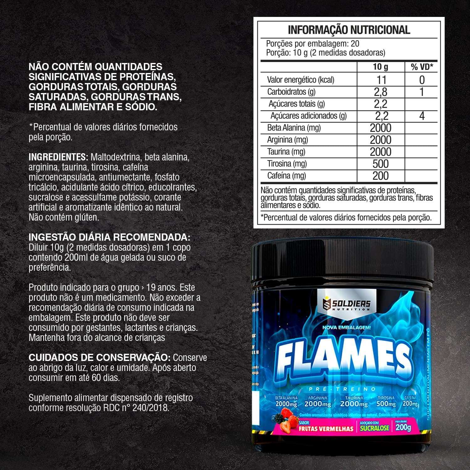 Pré-treino Flames frascos 200g sabor frutas vermelhas, tabela nutricional e ingredientes em destaque.
