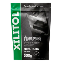 Embalagem de adoçante alimentar xilitol em pó, 100% puro, 500g, sem sabor.