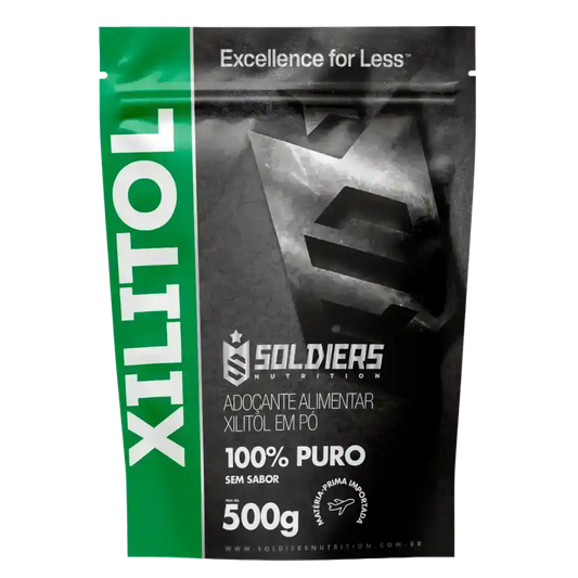 Embalagem de adoçante alimentar xilitol em pó, 100% puro, 500g, sem sabor.