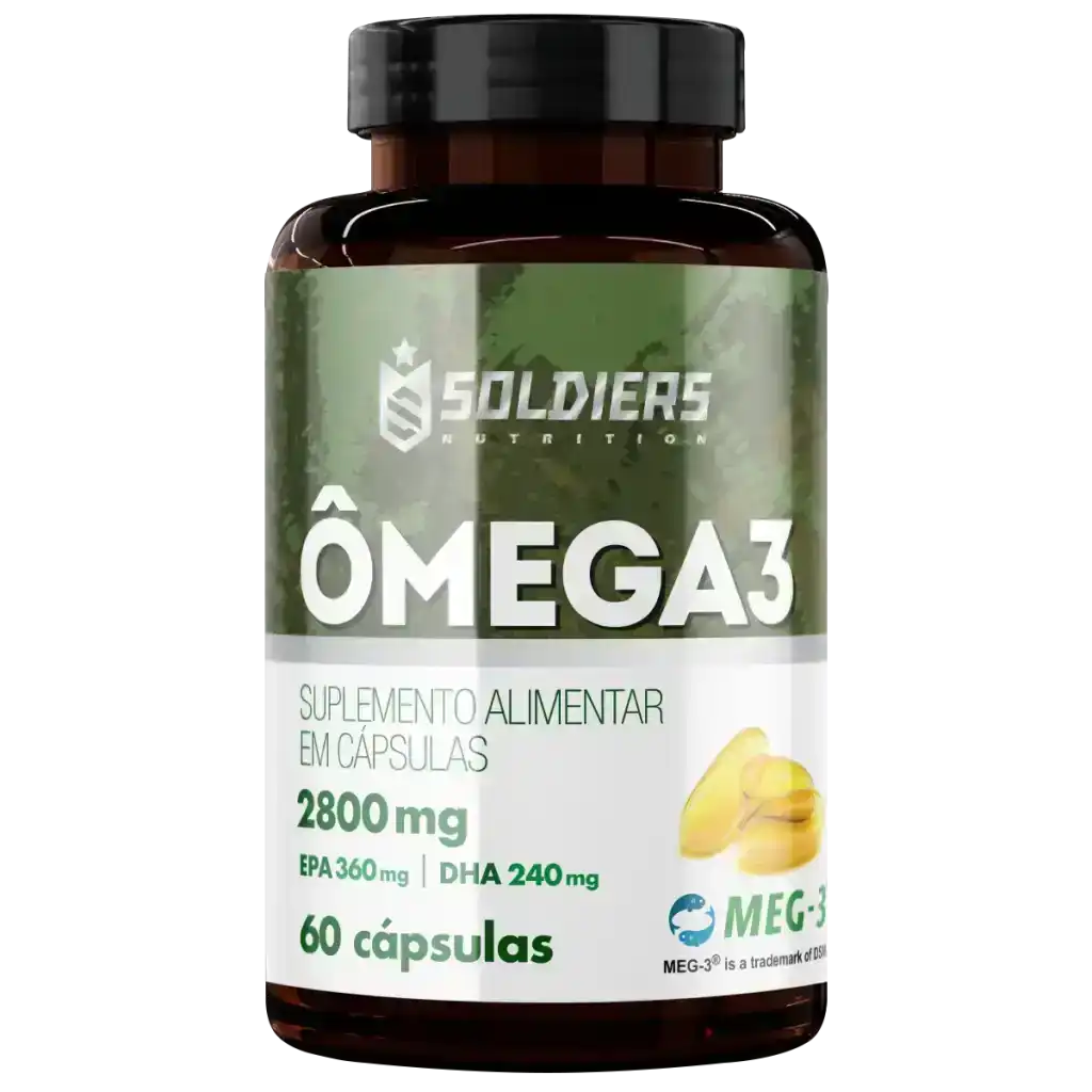 Frasco de suplemento alimentar Ômega 3 com 60 cápsulas, 2800mg, EPA e DHA em destaque.