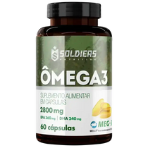 Frasco de suplemento alimentar Ômega 3 com 60 cápsulas, 2800mg, EPA e DHA em destaque.