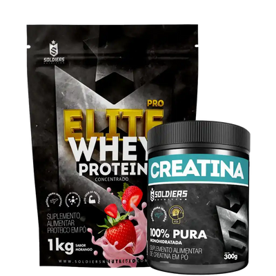 Pacote de whey protein sabor morango 1kg e pote de creatina em pó 300g para suplementação