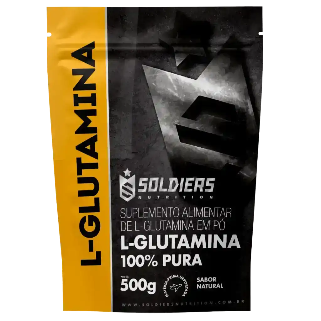 Embalagem de suplemento L-Glutamina 100% pura em pó, 500g, sabor natural.