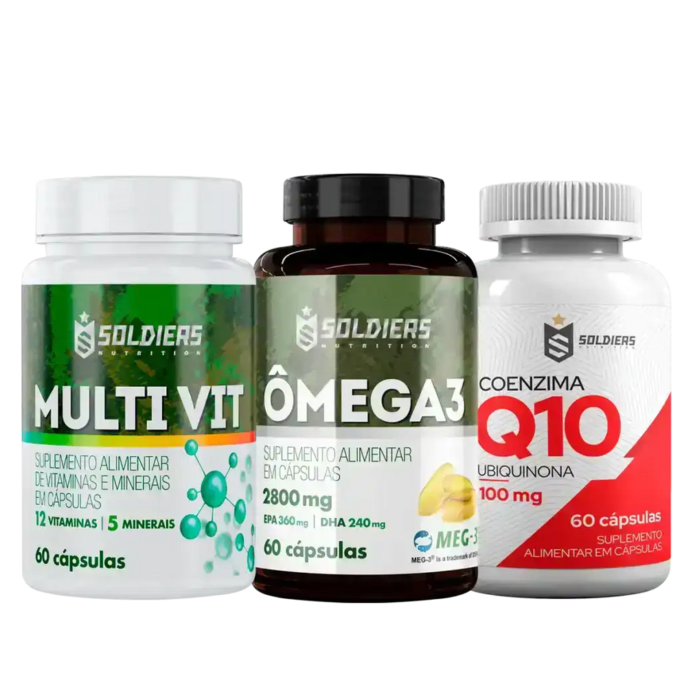 Kit: Coenzima Q10 100mg + Ômega 3 - 60 Caps - 1000mg + Multivitamínico 60 Cap - Soldiers Nutrition