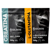 Pacotes de suplemento alimentar em pó creatina e l-glutamina 100% pura, 500g cada, sabor natural.