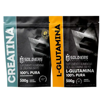 Pacotes de suplemento alimentar em pó creatina e l-glutamina 100% pura, 500g cada, sabor natural.
