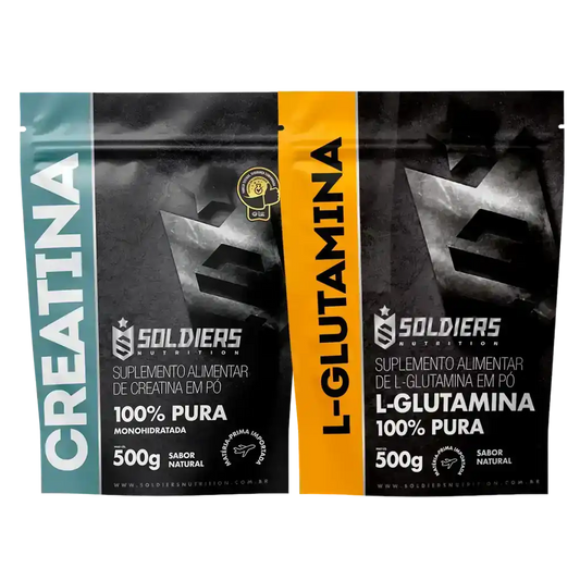 Pacotes de suplemento alimentar em pó creatina e l-glutamina 100% pura, 500g cada, sabor natural.