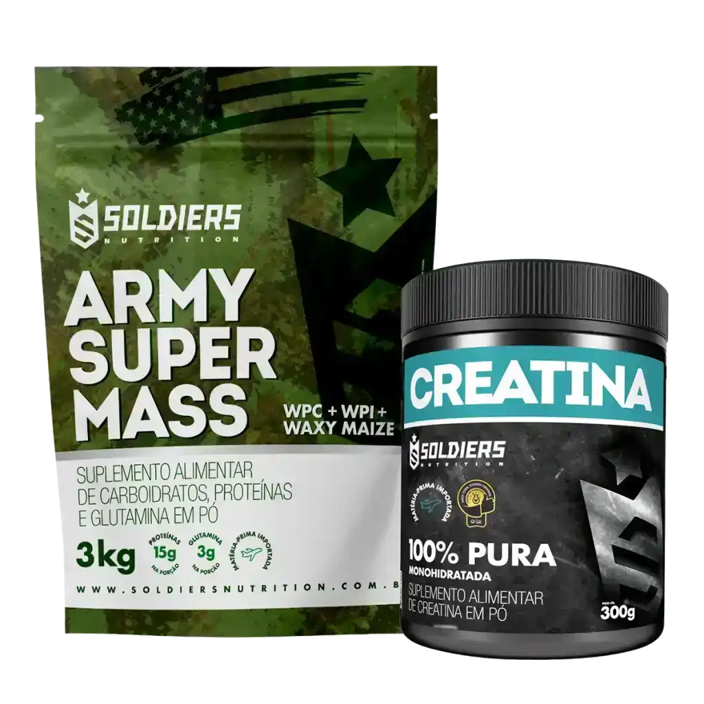 Combo de suplementos alimentares Army Super Mass e Creatina, embalagem verde e preta